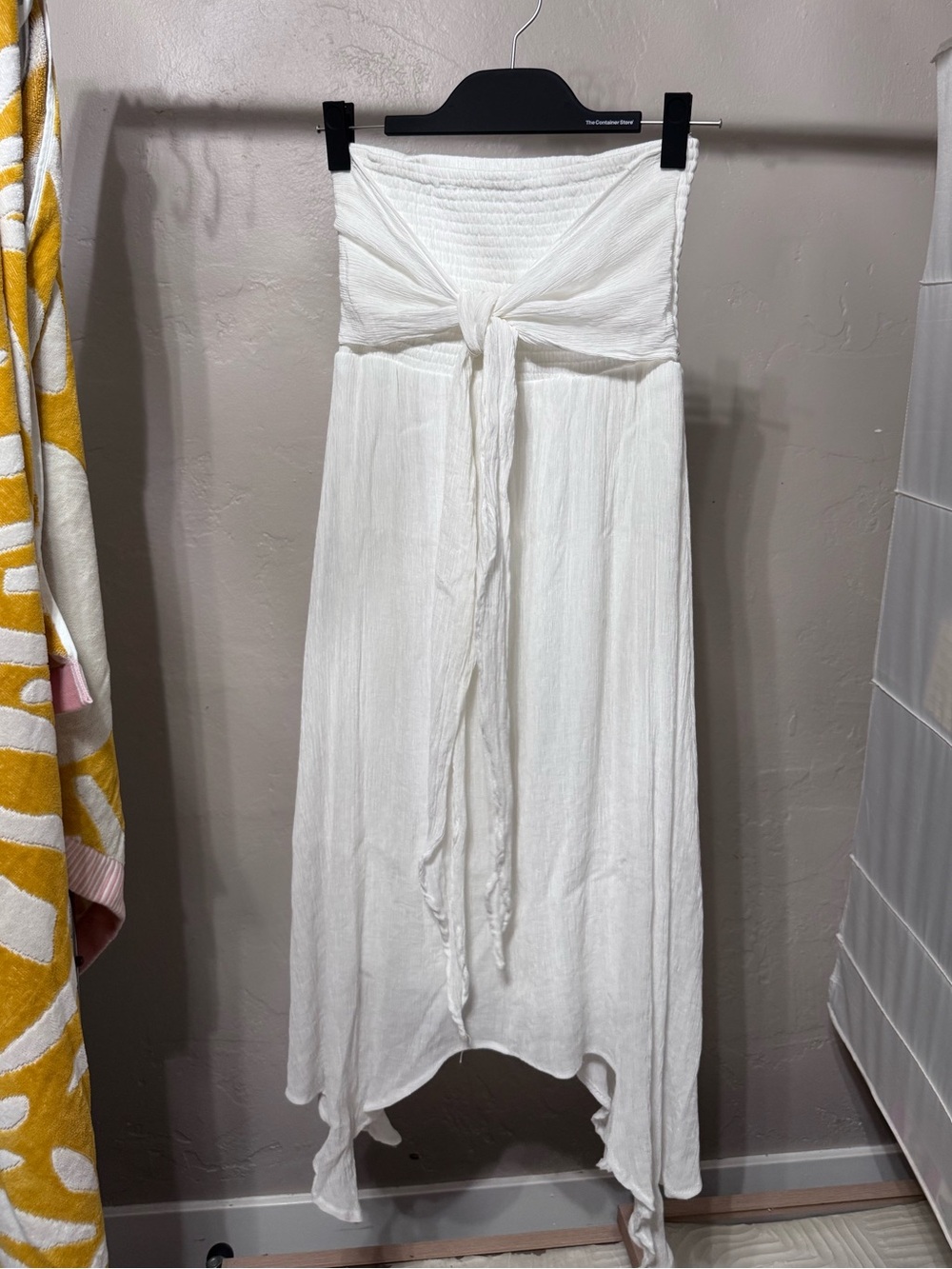Smocked Strapless Tie-Front Midi Dress in White